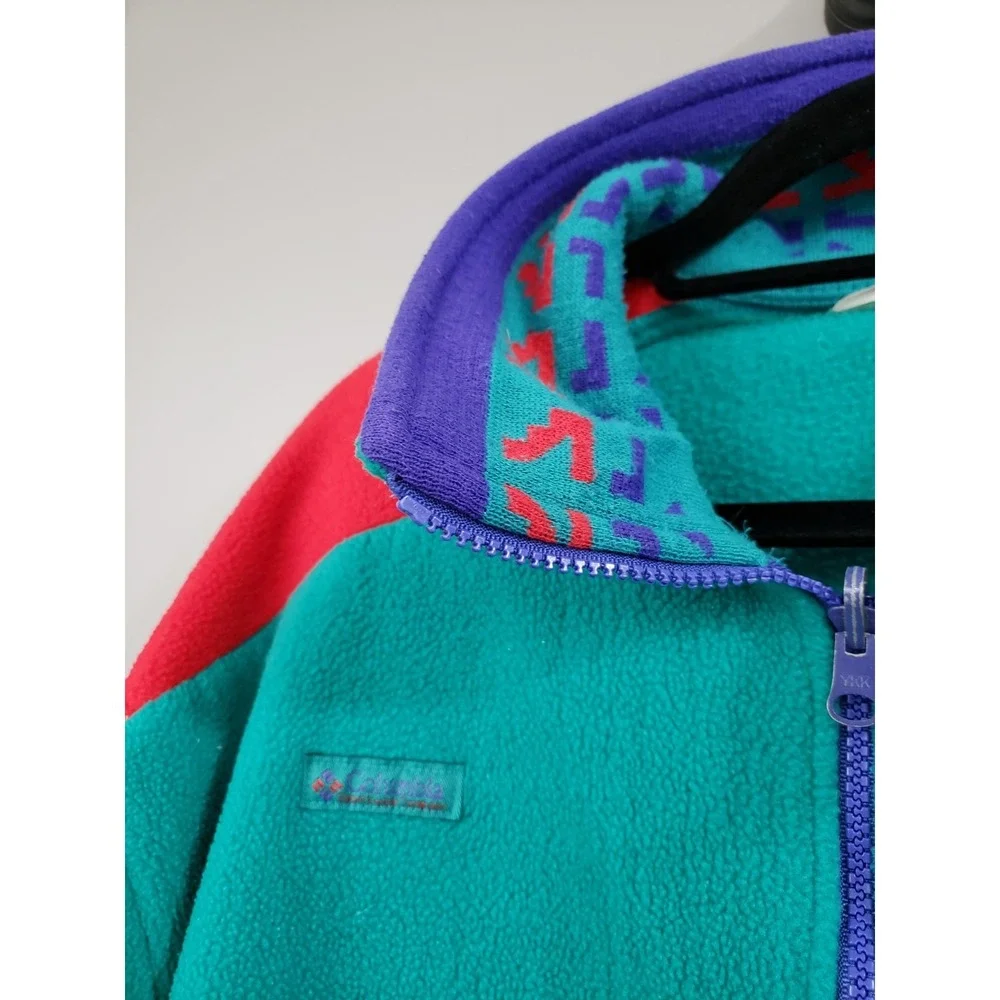 Vintage Columbia Jacket Mens Large Blue Teal Fleece Aztec Collar Retro USA 90s